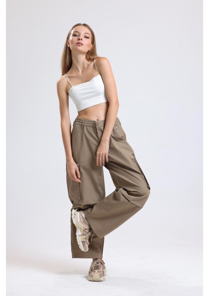 Camel Yüksek Bel Wide Leg Kabanlık Gabardin Kargo Pantolon