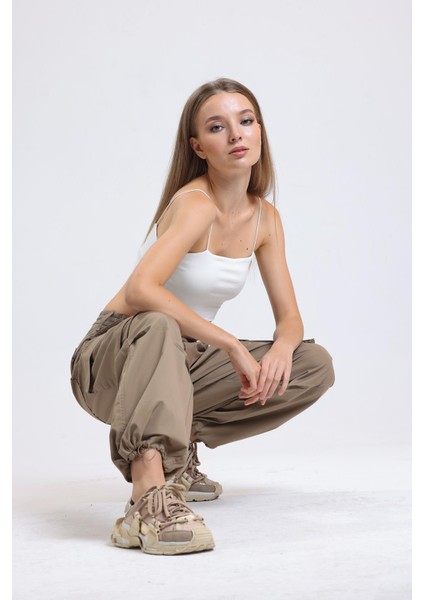 Camel Yüksek Bel Wide Leg Kabanlık Gabardin Kargo Pantolon fiyatları