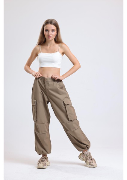 Camel Yüksek Bel Wide Leg Kabanlık Gabardin Kargo Pantolon modelleri