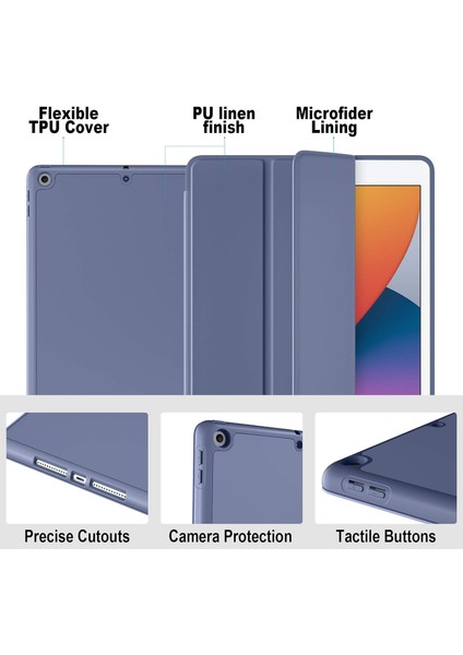 iPad 10.2 Inç 2021/2020 iPad 9./8. Nesil ve 2019 iPad 7. Nesil ile Uyumlu Kılıf Kalem Tutuculu, Yumuşak Tpu Sırtlı Koruyucu Kılıf, Otomatik Uyku/uyandırma Kapağı, Mavi Gri (Yurt Dışından) fırsatları