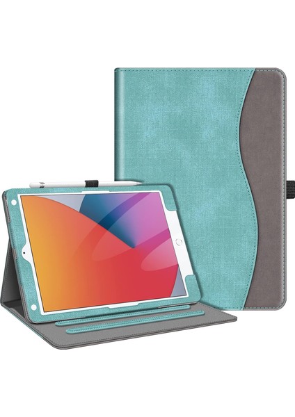iPad 9. / 8. / 7. Nesil (2021/2020/2019) 10,2 Inç - [köşe Koruması] Cep ve Kalem Tutuculu Çok Açılı Görüntüleme Standı Kapağı, Otomatik Uyku Uyandırma, Turkuaz (Yurt Dışından)