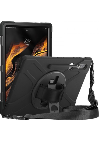 Galaxy Tab S8 Ultra 2022 Için: Tablet S8 Ultra 14,6" Için Askeri Sınıf Ağır Hizmet Silikon Kılıfı, S Kalem Standı + Döner Stand + Sap + Omuz Askısı ile - Siyah (Yurt Dışından)
