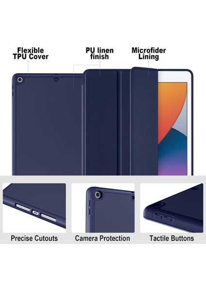 iPad 10.2 Inç 2021/2020 iPad 9./8. Nesil ve 2019 iPad 7. Nesil ile Uyumlu Kılıf Kalem Tutuculu, Yumuşak Tpu Sırtlı Koruyucu Kılıf, Otomatik Uyku/uyandırma Kapağı, Lacivert (Yurt Dışından)