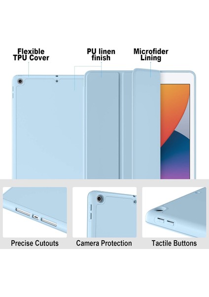 iPad 10.2 Inç 2021/2020 iPad 9./8. Nesil ve 2019 iPad 7. Nesil ile Uyumlu Kılıf, Kalem Tutuculu, Yumuşak Tpu Sırtlı Koruyucu Kılıf, Otomatik Uyku/uyandırma Kapağı, Gök Mavisi (Yurt Dışından)