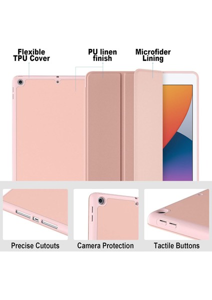 iPad 10.2 Inç 2021/2020 iPad 9./8. Nesil ve 2019 iPad 7. Nesil ile Uyumlu Kılıf, Kalem Tutuculu, Yumuşak Tpu Sırtlı Koruyucu Kılıf, Otomatik Uyku/uyandırma Kapağı, Gül Pembesi (Yurt Dışından)