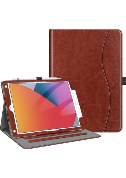 iPad 9. / 8. / 7. Nesil (2021/2020/2019) 10,2 Inç - [köşe Koruması] Cepli ve Kalem Tutuculu Çok Açılı Görüntüleme Standı Kapağı, Otomatik Uyku Uyandırma, Vintage Kahverengi (Yurt Dışından)