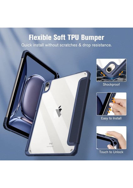 iPad Mini 6 2021 (8,3 Inç) Için Hibrit Ince Kılıf - [yerleşik Kalem Tutucu] Darbeye Dayanıklı Kapak Şeffaf Şeffaf Arka Kabuk, iPad Mini 6. Nesil Için Otomatik Uyandırma/uyku, Lacivert (Yurt Dışından) fırsatları