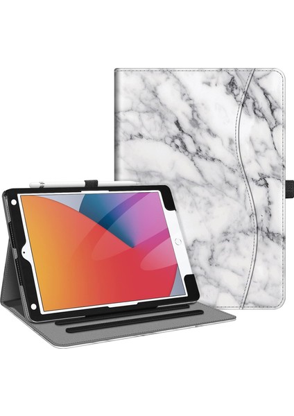 iPad 9. / 8. / 7. Nesil (2021/2020/2019) 10,2 Inç - [köşe Koruması] Cepli ve Kalem Tutuculu Çok Açılı Görüntüleme Standı Kapağı, Otomatik Uyku Uyandırma, Mermer Beyazı (Yurt Dışından)