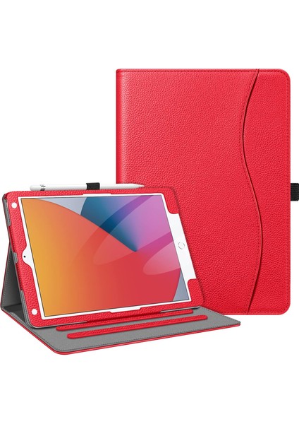 iPad 9. / 8. / 7. Nesil (2021/2020/2019) 10,2 Inç - [köşe Koruması] Cepli ve Kalem Tutuculu Çok Açılı Görüntüleme Standı Kapağı, Otomatik Uyandırma Uykusu, Kırmızı (Yurt Dışından)