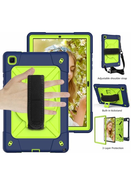 Galaxy Tab A7 10.4" 2020/SM-T500/T505/T507 Için Dahili Ekran Koruyucu ve 360 Derece Dönebilen Stand ve Samsung Tab A7 10.4" Için El ve Omuz Askısı Kılıfı ile - Lacivert Sarı Yeşil (Yurt Dışından)