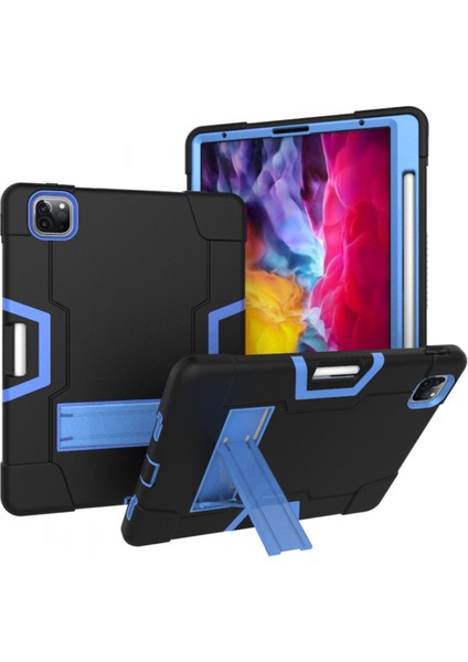 iPad Pro 11 2018 Için, Hibrit Ağır Hizmet Üç Katmanlı Tam Gövde Darbeye Dayanıklı Sağlam Kılıf, iPad Pro 11 2018 Için Standlı 11 Inç (Siyah+Mavi) (Yurt Dışından)