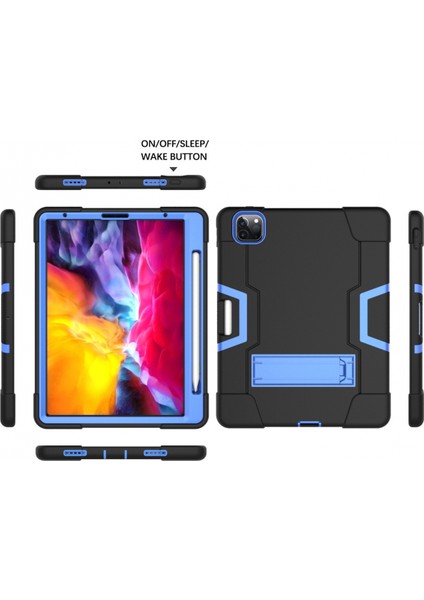 iPad Pro 11 2018 Için, Hibrit Ağır Hizmet Üç Katmanlı Tam Gövde Darbeye Dayanıklı Sağlam Kılıf, iPad Pro 11 2018 Için Standlı 11 Inç (Siyah+Mavi) (Yurt Dışından)