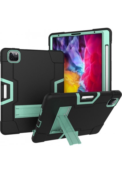 iPad Pro 11 2018 Için, Hibrit Ağır Hizmet Üç Katmanlı Tam Gövde Darbeye Dayanıklı Sağlam Kılıf, iPad Pro 11 2018 Için Standlı 11 Inç (Siyah+Nane Yeşili) (Yurt Dışından)