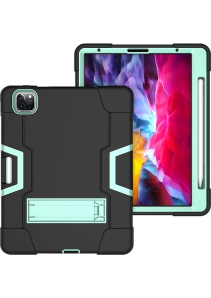 iPad Pro 11 2018 Için, Hibrit Ağır Hizmet Üç Katmanlı Tam Gövde Darbeye Dayanıklı Sağlam Kılıf, iPad Pro 11 2018 Için Standlı 11 Inç (Siyah+Nane Yeşili) (Yurt Dışından)