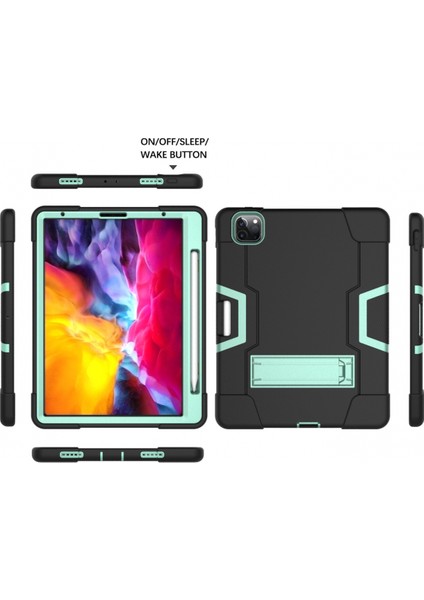 iPad Pro 11 2018 Için, Hibrit Ağır Hizmet Üç Katmanlı Tam Gövde Darbeye Dayanıklı Sağlam Kılıf, iPad Pro 11 2018 Için Standlı 11 Inç (Siyah+Nane Yeşili) (Yurt Dışından)