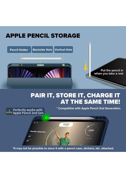 iPad Pro 11" 2021 Smart Cover Kalem Tutucu Kılıf Lacivert Su Geçirmez Apple Pencil Şarjı Otomatik Açık Kapalı (Yurt Dışından)