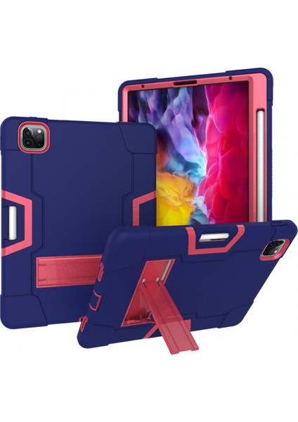 iPad Pro 11 2020 Için, iPad Pro 11 2020 Için Standlı Hibrit Ağır Hizmet Üç Katmanlı Tam Gövde Darbeye Dayanıklı Sağlam Kılıf 11 Inç (Lacivert + Gül Kırmızı) (Yurt Dışından)