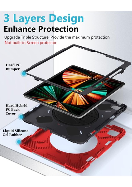 iPad Pro 12.9 4. Nesil Kılıf 2020 Kalem Tutucu Desteği Kalem Şarjı, Ağır Hizmet Tipi Düşmeyi Önleyici Koruyucu Kapak El Askısı Omuz Askısı Standı iPad Pro 12.9 2020/2018 Kırmızı (Yurt Dışından)