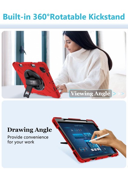iPad Pro 12.9 4. Nesil Kılıf 2020 Kalem Tutucu Desteği Kalem Şarjı, Ağır Hizmet Tipi Düşmeyi Önleyici Koruyucu Kapak El Askısı Omuz Askısı Standı iPad Pro 12.9 2020/2018 Kırmızı (Yurt Dışından)