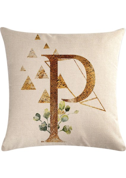 Ingilizce Alfabe Atmak Yastık Örtüsü Altın Geometrik Çiçek Keten Yastık Kılıfı Çekyat Ev Dekor Yastık 18X18 Inç (Mektup P) (Yurt Dışından)