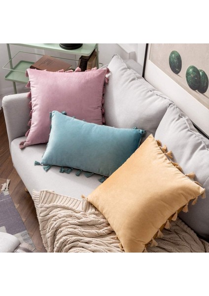 2'li Paket Kadife Yumuşak Katı Dekoratif Kırlent Örtüsü Püsküllü Saçak Boho Vurgulu Yastık Kılıfı Kanepe Çekyat (18 x 18 Inç, Pembe Mor) (Yurt Dışından)