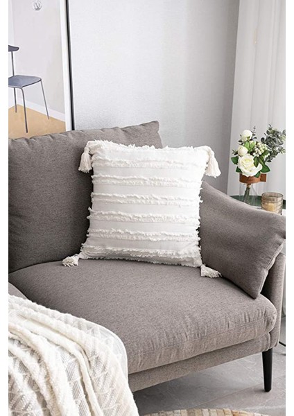 Atmak Yastık Kapakları 18X18 Inç Çizgili Jakarlı Pamuk Keten Ev Dekor Için Dekoratif Yastık Kılıfı Kanepe Çiftlik Evi Oturma Odası Yatak Odası (Beyaz) (Yurt Dışından) fiyatları