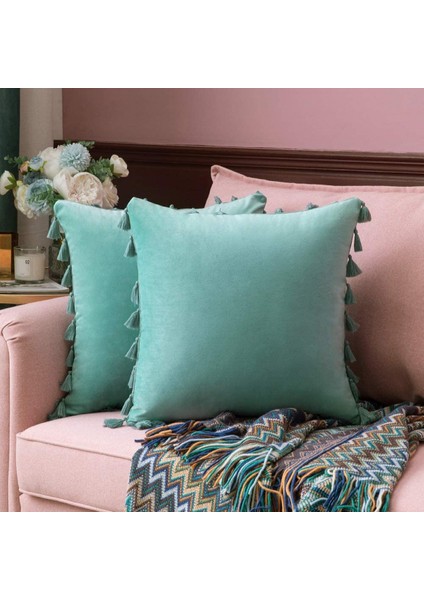 2'li Paket Kadife Yumuşak Katı Dekoratif Kırlent Kılıfı Püsküllü Saçak Boho Vurgulu Yastık Kılıfı Kanepe Çekyat (20 x 20 Inç, Su Yeşili) (Yurt Dışından)