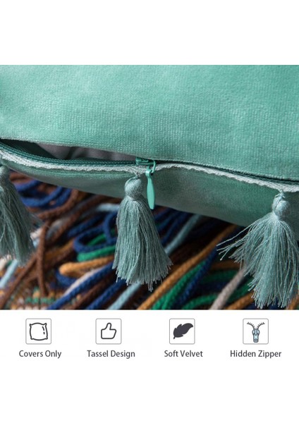 2'li Paket Kadife Yumuşak Katı Dekoratif Kırlent Kılıfı Püsküllü Saçak Boho Vurgulu Yastık Kılıfı Kanepe Çekyat (20 x 20 Inç, Su Yeşili) (Yurt Dışından) fiyatları
