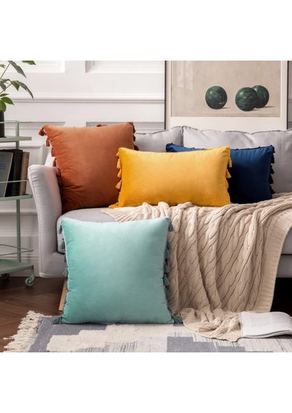 2'li Paket Kadife Yumuşak Katı Dekoratif Kırlent Kılıfı Püsküllü Saçak Boho Vurgulu Yastık Kılıfı Kanepe Çekyat (20 x 20 Inç, Su Yeşili) (Yurt Dışından) modelleri