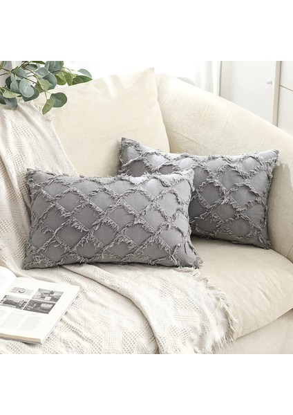 2 Parça Boho Yastık Örtüsü Ekose Saçak Çiftlik Evi Keten Ekose Doku Minder Örtüsü Kanepe Yatak Odası Kanepe Oturma Odası Için (Açık Gri, 12 x 20 Inç) (Yurt Dışından)