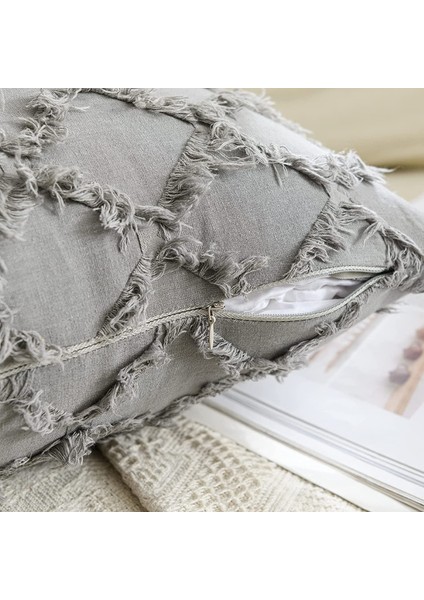 2 Parça Boho Yastık Örtüsü Ekose Saçak Çiftlik Evi Keten Ekose Doku Minder Örtüsü Kanepe Yatak Odası Kanepe Oturma Odası Için (Açık Gri, 12 x 20 Inç) (Yurt Dışından)