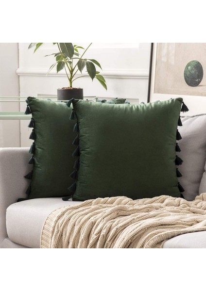 2'li Kadife Saçaklı Yastık Kılıfı Paketi (Ordu Yeşili, 18 x 18 Inç) (Yurt Dışından)
