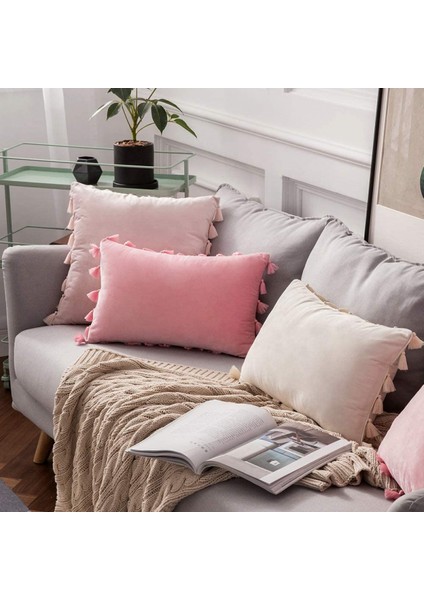 2'li Paket Kadife Yumuşak Katı Dekoratif Kırlent Kılıfı Püsküllü Saçak Boho Accent Yastık Kılıfı Kanepe Çekyat (18 x 18 Inç, Parlak Pembe) (Yurt Dışından) fiyatları