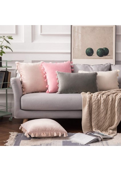 2'li Paket Kadife Yumuşak Katı Dekoratif Kırlent Kılıfı Püsküllü Saçak Boho Accent Yastık Kılıfı Kanepe Çekyat (18 x 18 Inç, Parlak Pembe) (Yurt Dışından) modelleri