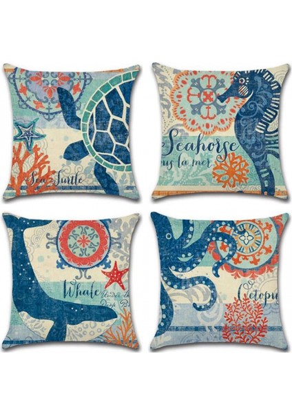 Okyanus Temalı Kare Yastık Kılıfı Akdeniz Tarzı Dekoratif Pamuk Keten Atma Kıyı Yastık Kılıfı Setleri 18 x 18 Inç Yastık Kılıfı, 4'lü Paket Deniz Yastık Kılıfı (Deniz Teması-2) (Yurt Dışından)
