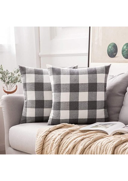 2'li Paket Klasik Çiftlik Evi Buffalo Ekose Polyester Yastık Kılıfı Kanepe Yatak Odası Için Minder Örtüsü (Gri, 16 x 16 Inç) (Yurt Dışından)