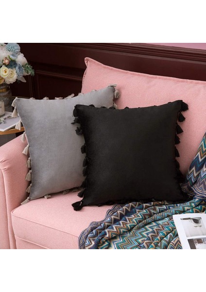 2'li Paket Kadife Yumuşak Katı Dekoratif Kırlent Kılıfı Püsküllü Saçak Boho Accent Yastık Kılıfı Kanepe Çekyat (18 x 18 Inç, Gri) (Yurt Dışından)