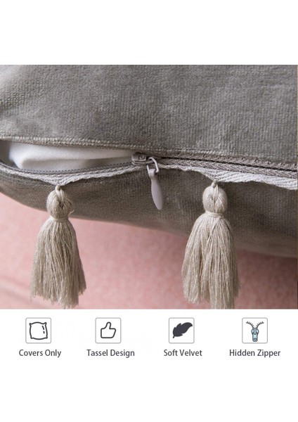 2'li Paket Kadife Yumuşak Katı Dekoratif Kırlent Kılıfı Püsküllü Saçak Boho Accent Yastık Kılıfı Kanepe Çekyat (18 x 18 Inç, Gri) (Yurt Dışından)