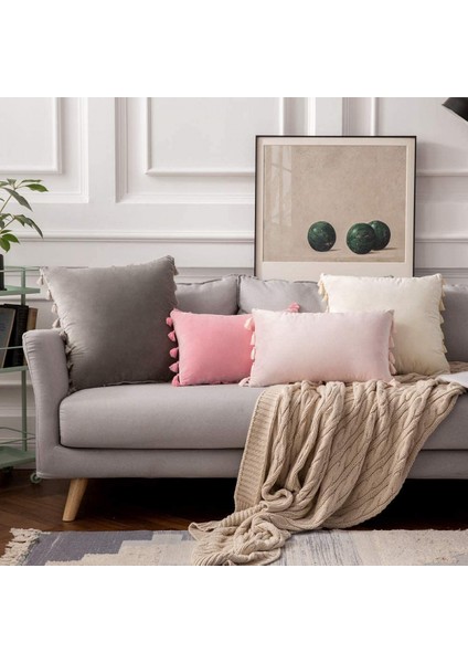 2'li Paket Kadife Yumuşak Katı Dekoratif Kırlent Kılıfı Püsküllü Saçak Boho Accent Yastık Kılıfı Kanepe Çekyat (18 x 18 Inç, Gri) (Yurt Dışından)