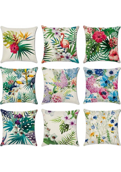 Tropikal Yağmur Ormanı Yeşil Flamingo Ebegümeci Çiçek Desen Keten Yastık Kapakları 18X18 Inç 2 Adet Atmak Yastık Kapakları Araba Kanepe Ev Dekorasyonu (Desen E) (Yurt Dışından)