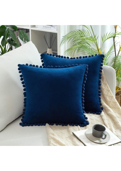 2'li Dekoratif Kırlent Kılıfı Paketi, Yumuşak Parçacıklar Kadife Katı Yastık Kılıfları, Kanepe Yatak Odası Arabası Için Ponponlu (20 x 20 Inç, Lacivert) (Yurt Dışından)