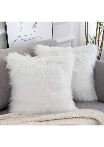 2'li Set Beyaz Dekoratif Kabarık Yastık Kapakları Yeni Lüks Serisi Merinos Tarzı Suni Kürk Atmak Yastık Kapakları Kare Bulanık Yastık Kılıfı 16X16 Inç (Yurt Dışından)