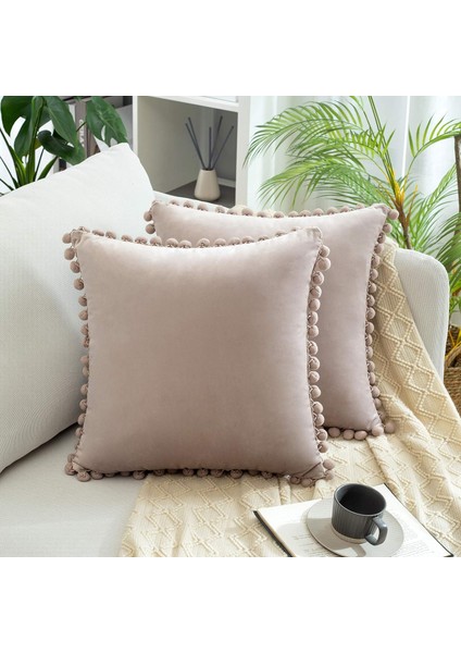 2'li Dekoratif Kırlent Kılıfı Paketi, Yumuşak Parçacıklar Kadife Katı Yastık Kılıfları Kanepe Yatak Odası Arabası Için Ponponlu (18 x 18 Inç, Pembe Karışım Gri) (Yurt Dışından)