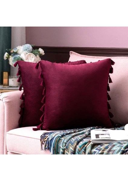 2'li Paket Kadife Yumuşak Katı Dekoratif Kırlent Örtüsü Püsküllü Saçak Boho Vurgulu Yastık Kılıfı Kanepe Çekyat (20 x 20 Inç, Bordo) (Yurt Dışından)