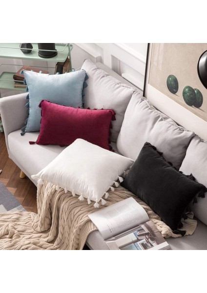 2'li Paket Kadife Yumuşak Katı Dekoratif Kırlent Örtüsü Püsküllü Saçak Boho Vurgulu Yastık Kılıfı Kanepe Çekyat (20 x 20 Inç, Bordo) (Yurt Dışından)