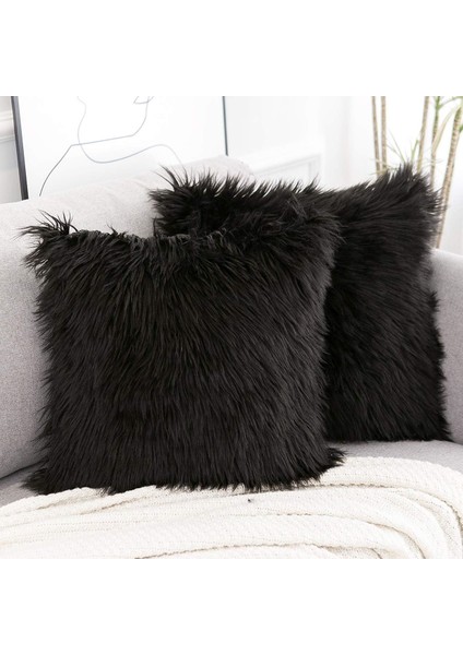 2'li Set Siyah Dekoratif Yastık Kılıfları Yeni Lüks Serisi Merinos Tarzı Taklit Kürk Kabarık Atma Yastık Kapakları Kare Bulanık Yastık Kılıfı 16X16 Inç (Yurt Dışından)