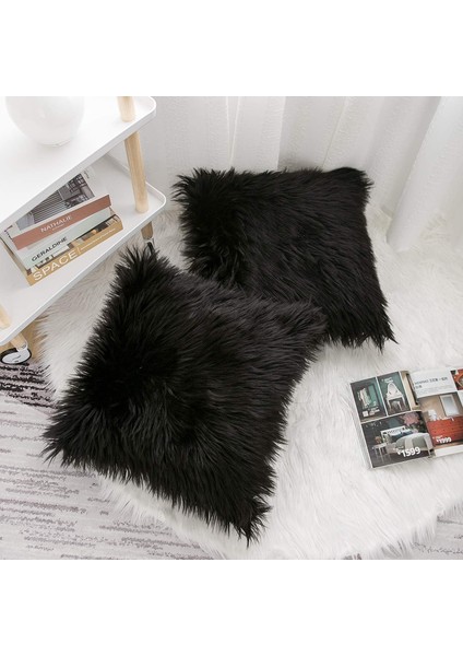 2'li Set Siyah Dekoratif Yastık Kılıfları Yeni Lüks Serisi Merinos Tarzı Taklit Kürk Kabarık Atma Yastık Kapakları Kare Bulanık Yastık Kılıfı 16X16 Inç (Yurt Dışından) fırsatları