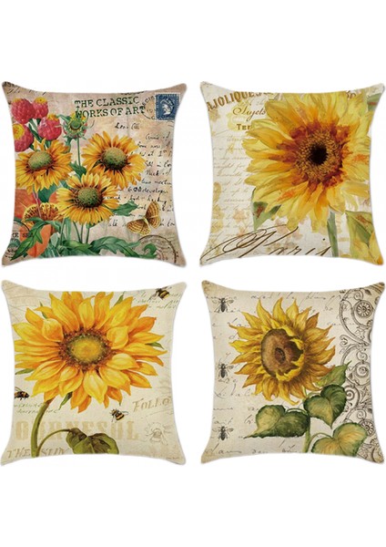 Yaz Atma Yastık Kılıfları Keten Dekoratif Ayçiçeği Yastık Kılıfı 18X18 Inç 2 Adet Kare Yastık Kılıfı Kanepe Kanepe Yatak Açık Havada (Ayçiçeği D) (Yurt Dışından)