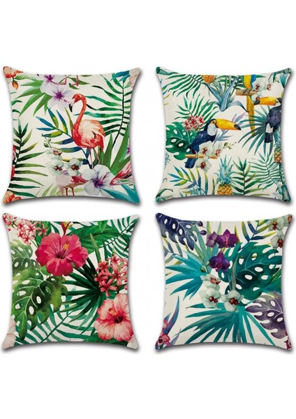 Ev Dekoratif Kırlent Kapakları Flamingo Desenli ve Tropikal Çiçek Yaprakları Keten Yastık Kılıfları 18 x 18 Inç 4 Adet (Flamingo Çiçeği) (Yurt Dışından)