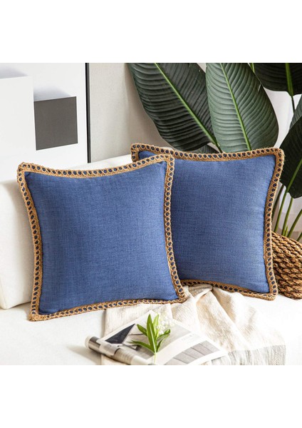 2'li Çiftlik Evi Dekoratif Kırlent Kılıfı Paketi Çuval Bezi Keten Kesilmiş Özel Kenarlar Lacivert 20 x 20 Inç, 50 x 50 cm (Yurt Dışından) fiyatları